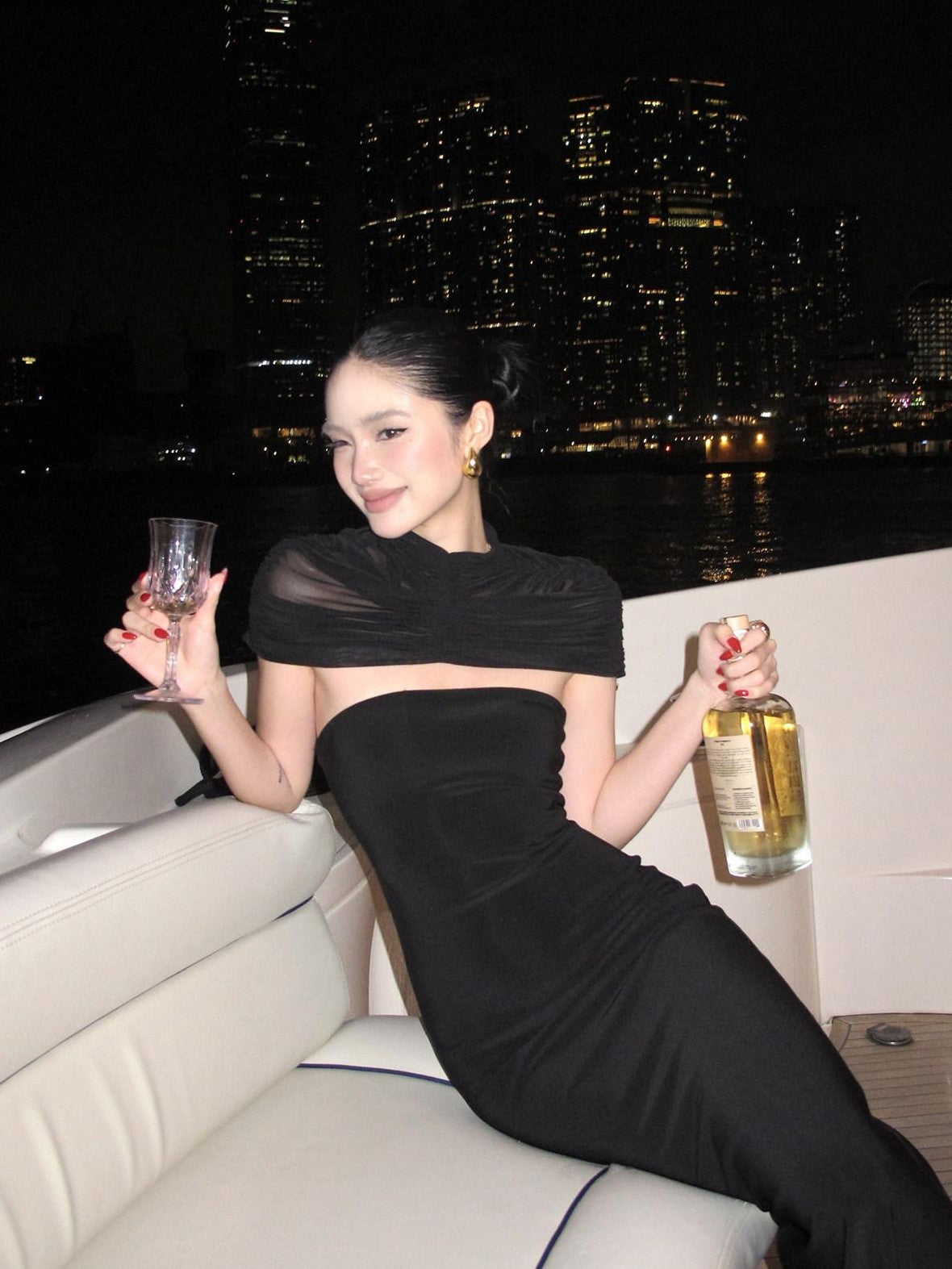 rovente Manhattan Night Black Shoulder Drape Waist Cinching Women's Bodycon Maxi Dresses