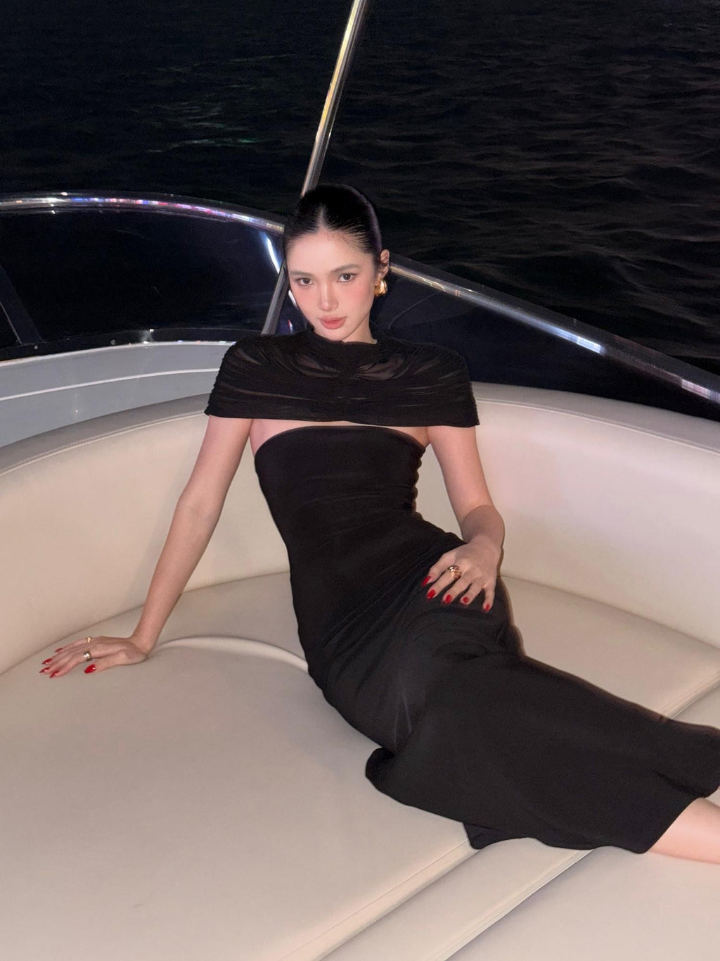 rovente Manhattan Night Black Shoulder Drape Waist Cinching Women's Bodycon Maxi Dresses