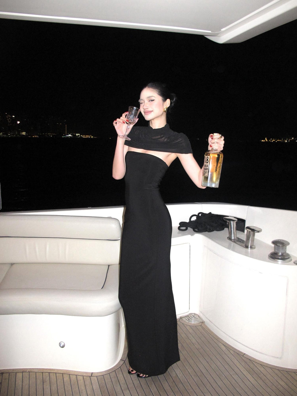 rovente Manhattan Night Black Shoulder Drape Waist Cinching Women's Bodycon Maxi Dresses