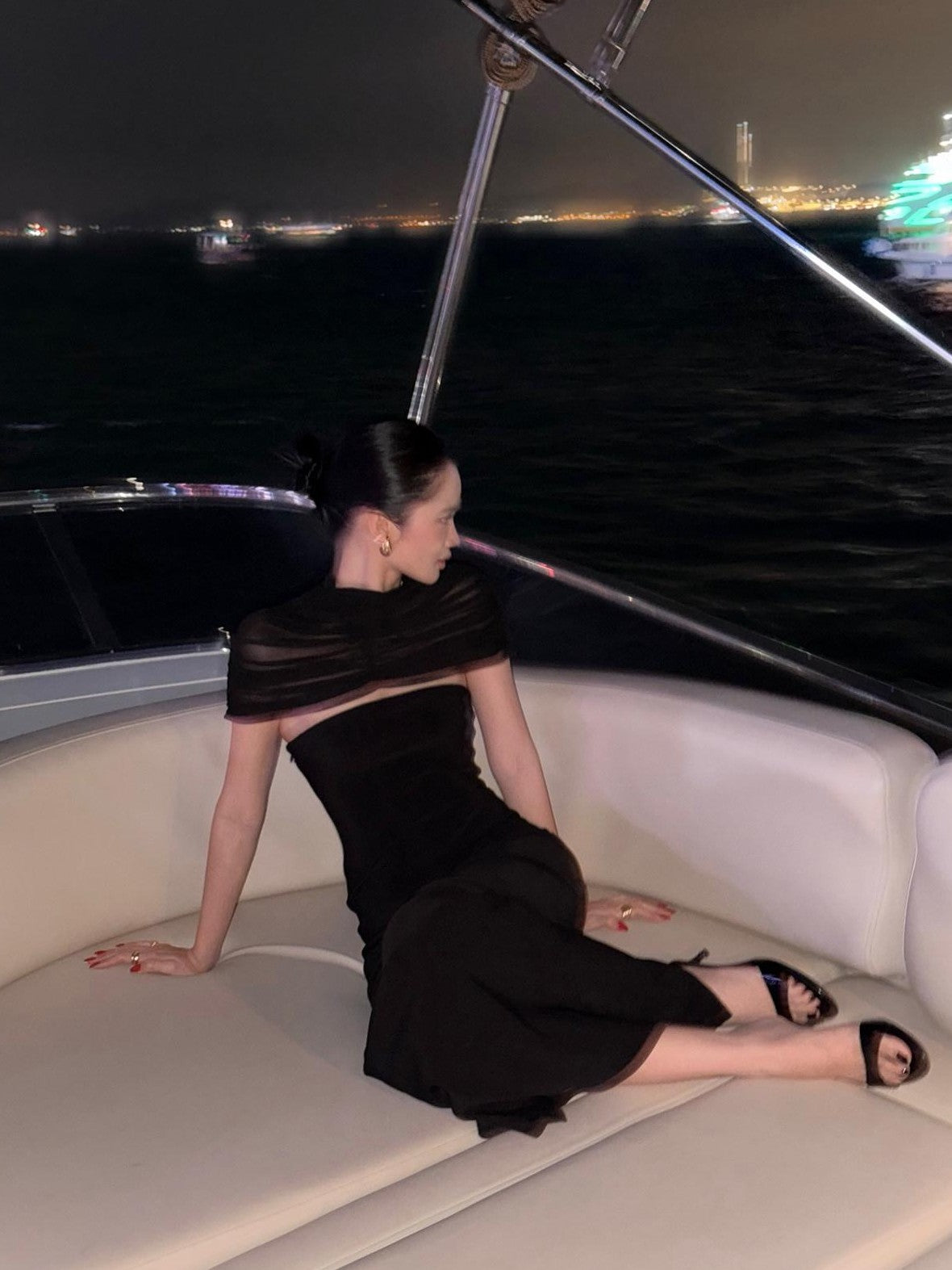 rovente Manhattan Night Black Shoulder Drape Waist Cinching Women's Bodycon Maxi Dresses