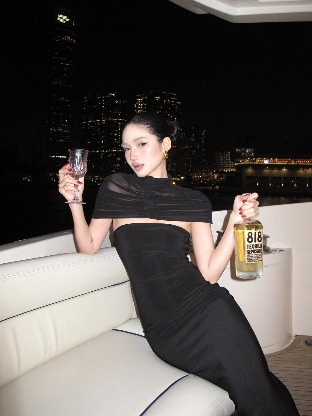 rovente Manhattan Night Black Shoulder Drape Waist Cinching Women's Bodycon Maxi Dresses