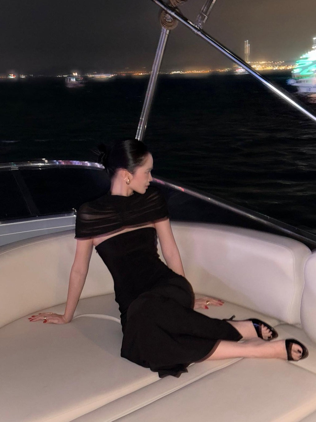 rovente Manhattan Night Black Shoulder Drape Waist Cinching Women's Bodycon Maxi Dresses