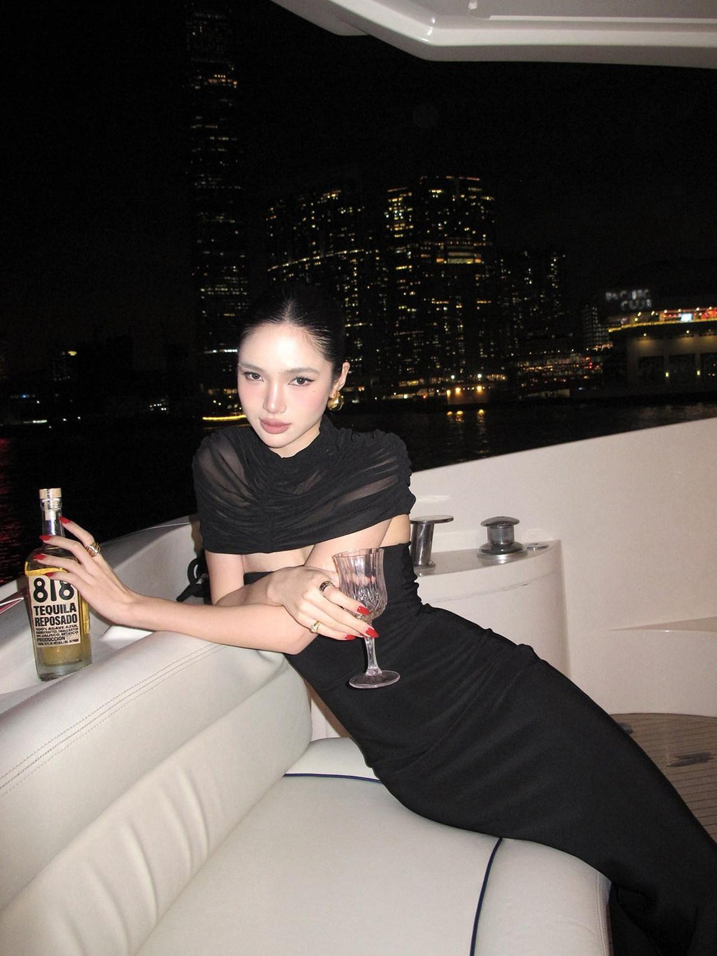 rovente Manhattan Night Black Shoulder Drape Waist Cinching Women's Bodycon Maxi Dresses