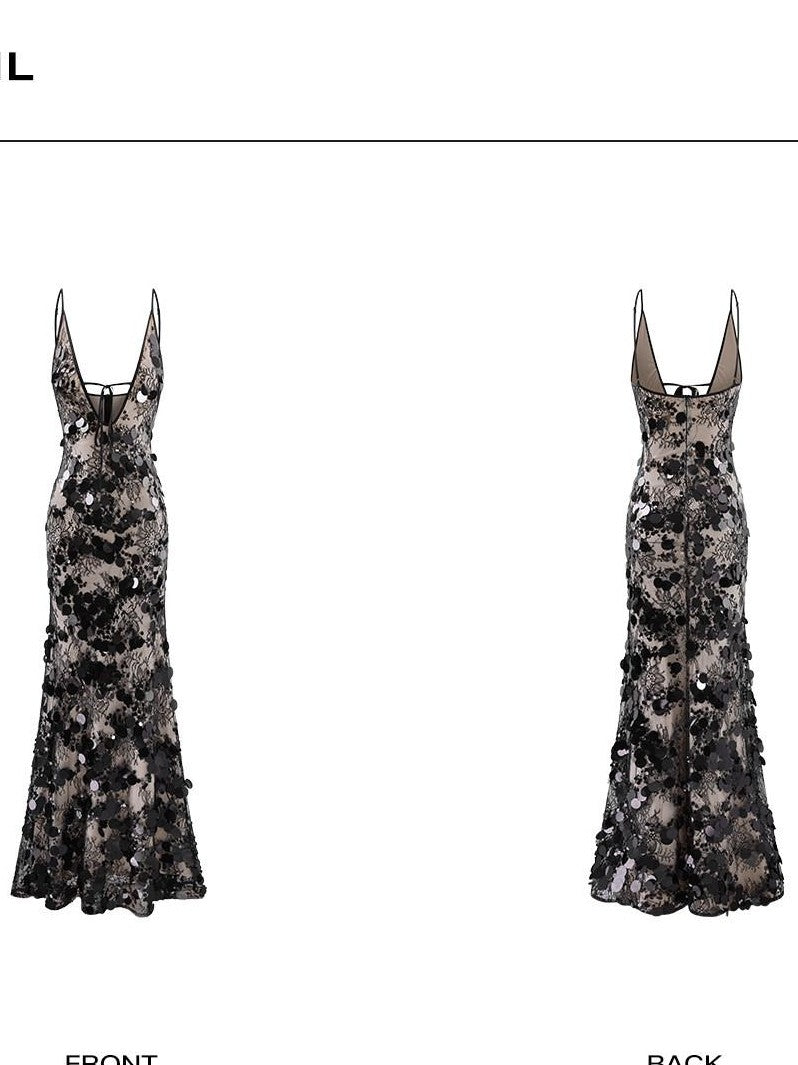 rovente Midnight Black Sequin Deep V Slim Fitted Women's Bodycon Midi Dresses