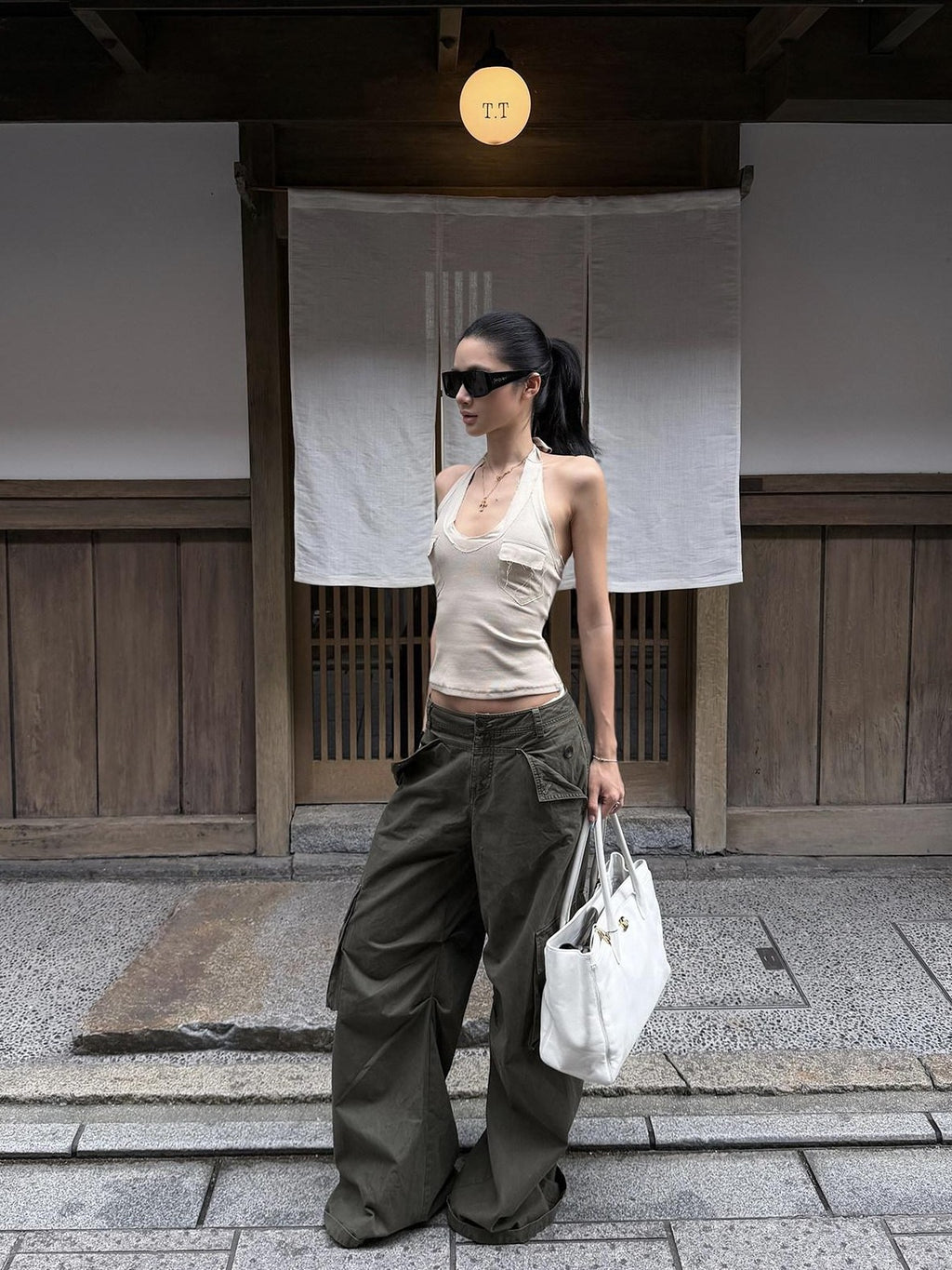 rovente Military Green Cargo Low Rise Vintage Relaxed Women's Wide-leg Pants