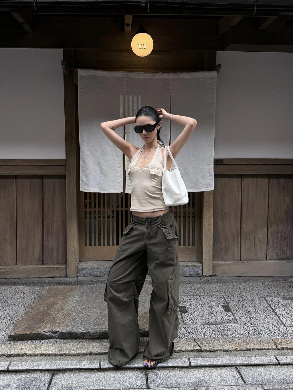 rovente Military Green Cargo Low Rise Vintage Relaxed Women's Wide-leg Pants