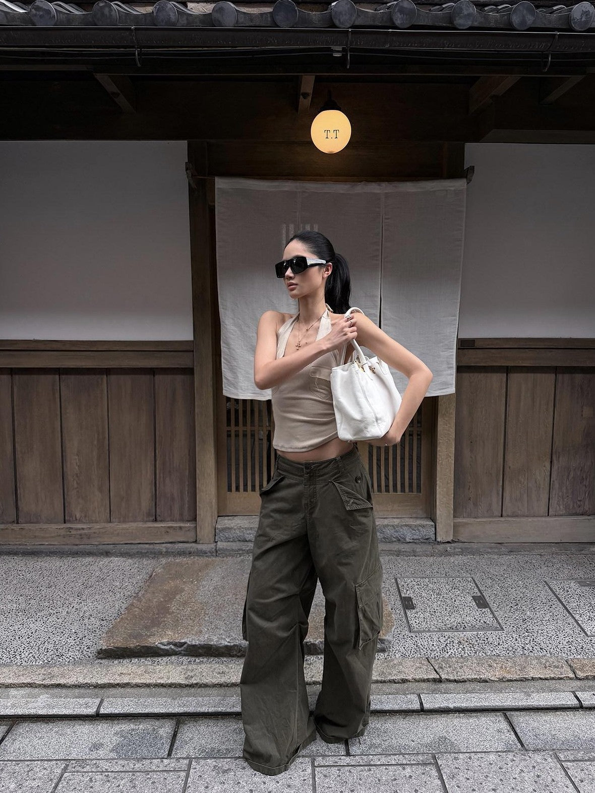 rovente Military Green Cargo Low Rise Vintage Relaxed Women's Wide-leg Pants