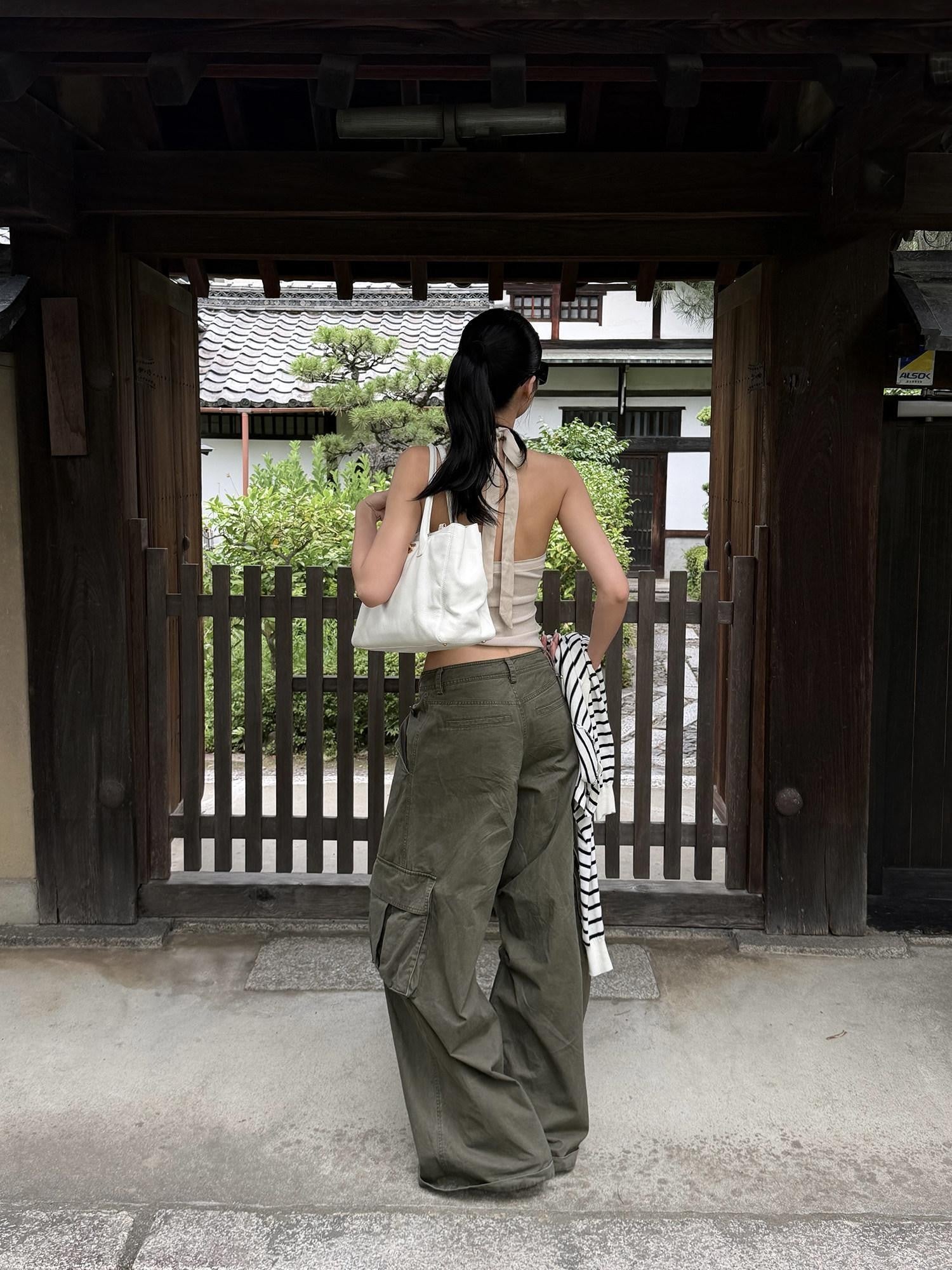 rovente Military Green Cargo Low Rise Vintage Relaxed Women's Wide-leg Pants