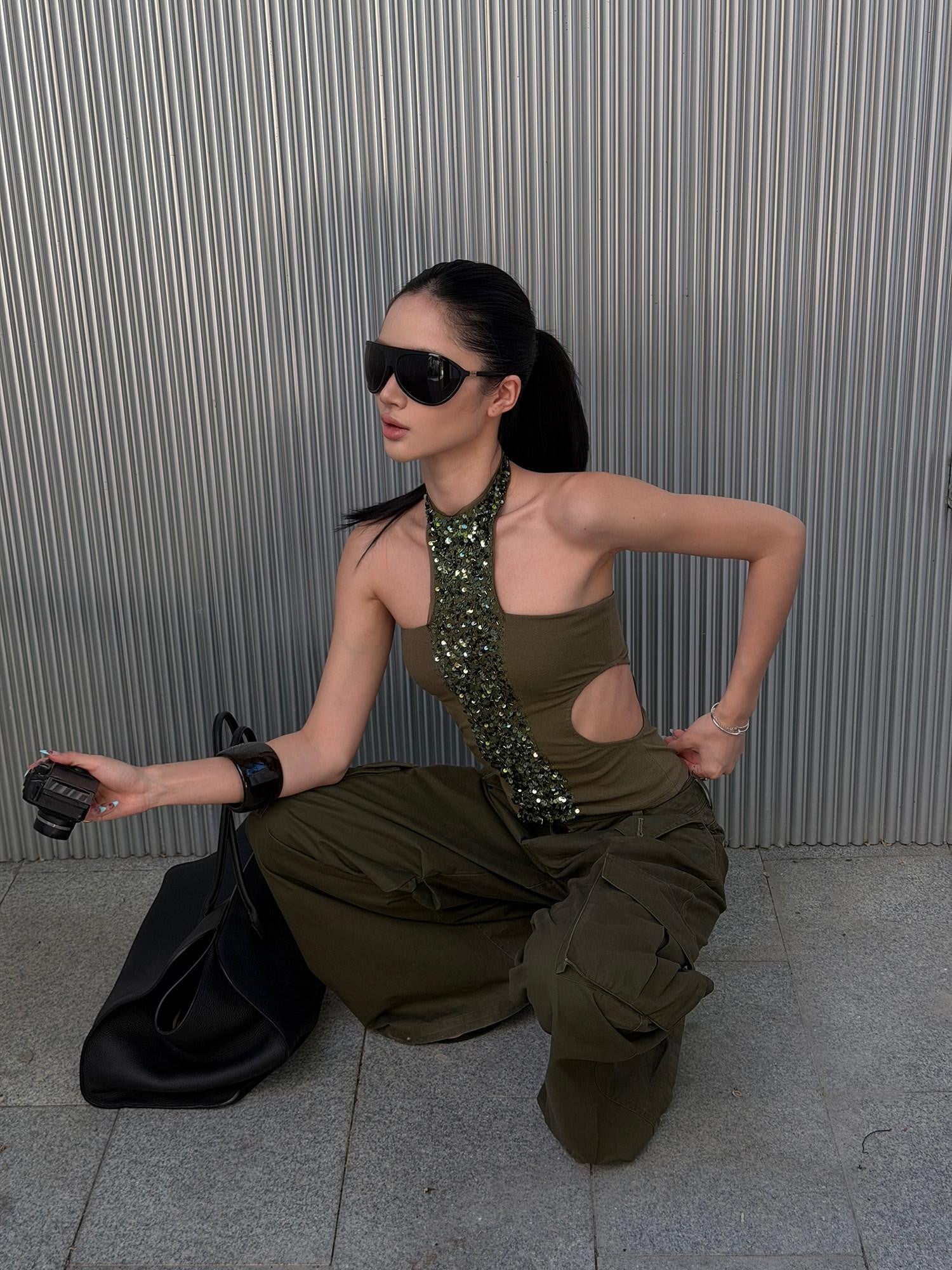 rovente Military Green Cargo Low Rise Vintage Relaxed Women's Wide-leg Pants