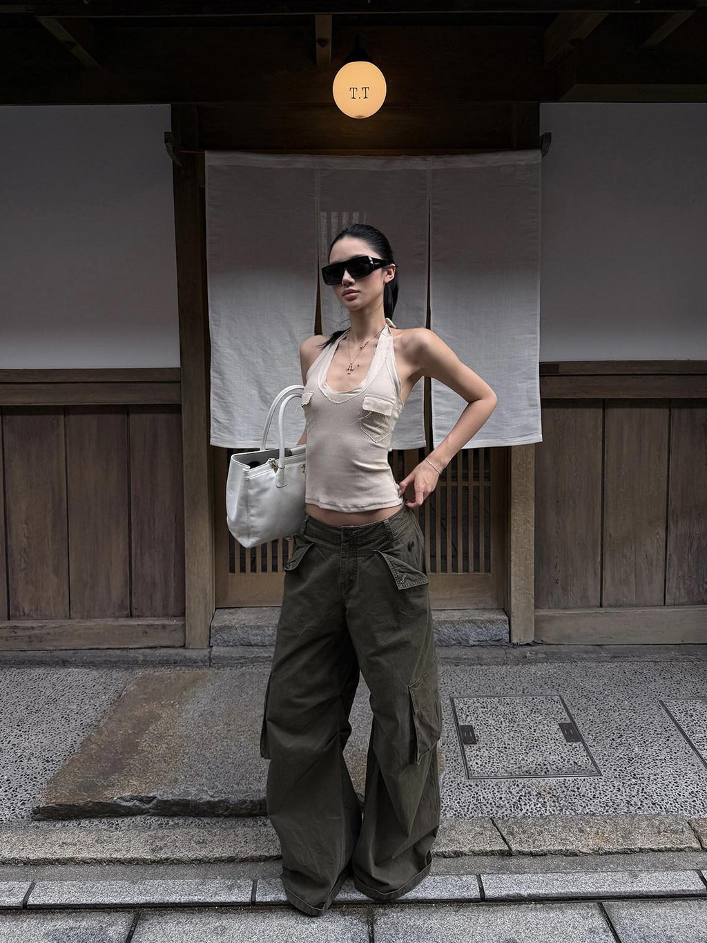rovente Military Green Cargo Low Rise Vintage Relaxed Women's Wide-leg Pants