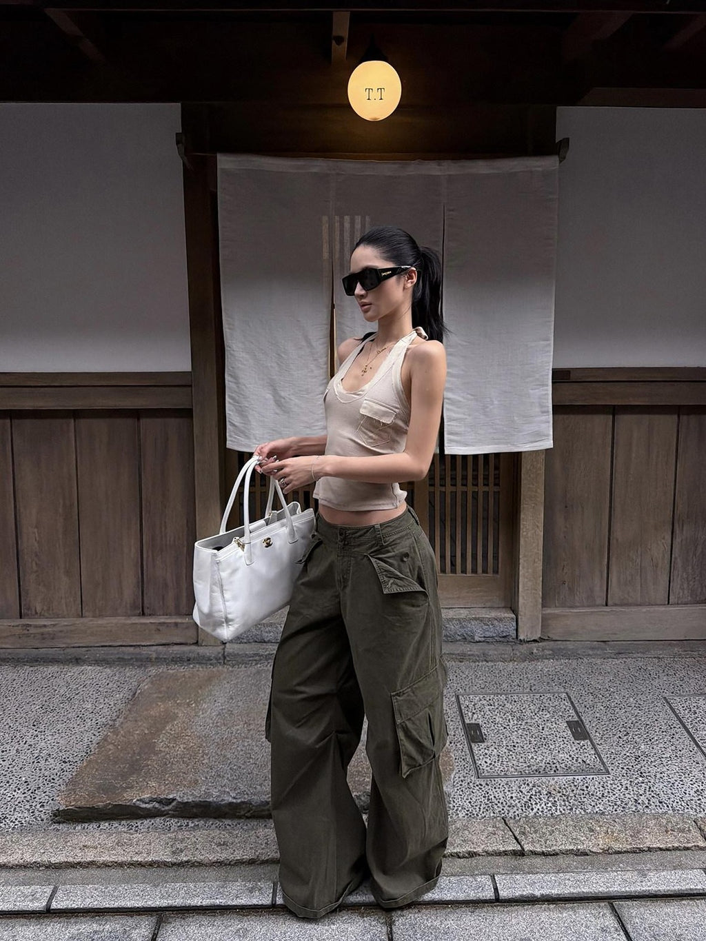 rovente Military Green Cargo Low Rise Vintage Relaxed Women's Wide-leg Pants