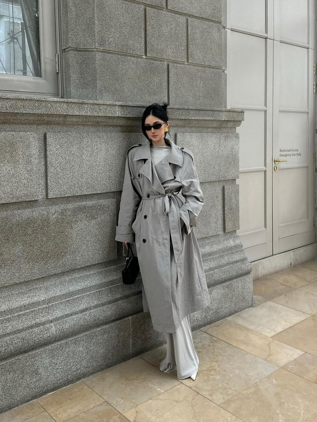 rovente Mist Grey Double Breasted Lapel Tie Waist Women's Cotton Blend Trench Coats