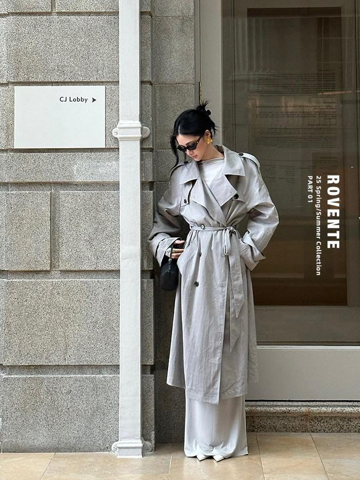 rovente Mist Grey Double Breasted Lapel Tie Waist Women's Cotton Blend Trench Coats