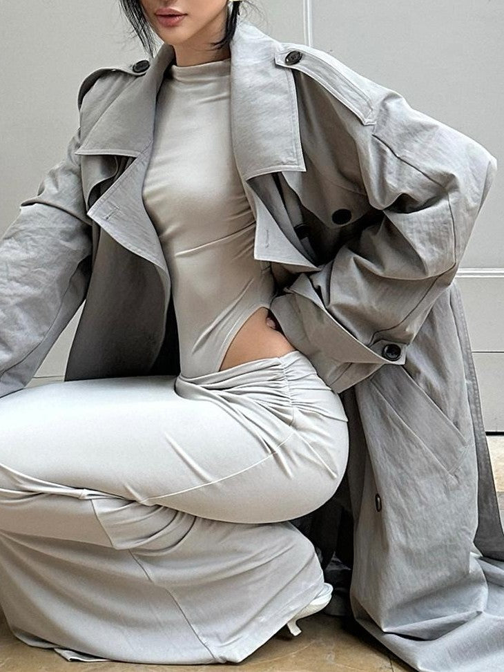 rovente Mist Grey Double Breasted Lapel Tie Waist Women's Cotton Blend Trench Coats