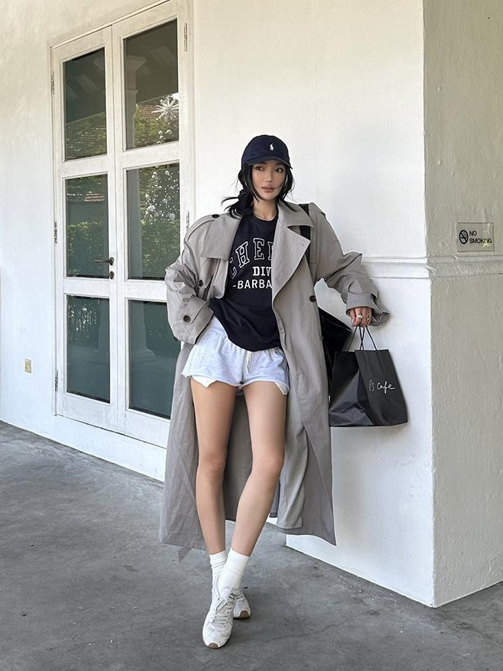 rovente Mist Grey Double Breasted Lapel Tie Waist Women's Cotton Blend Trench Coats