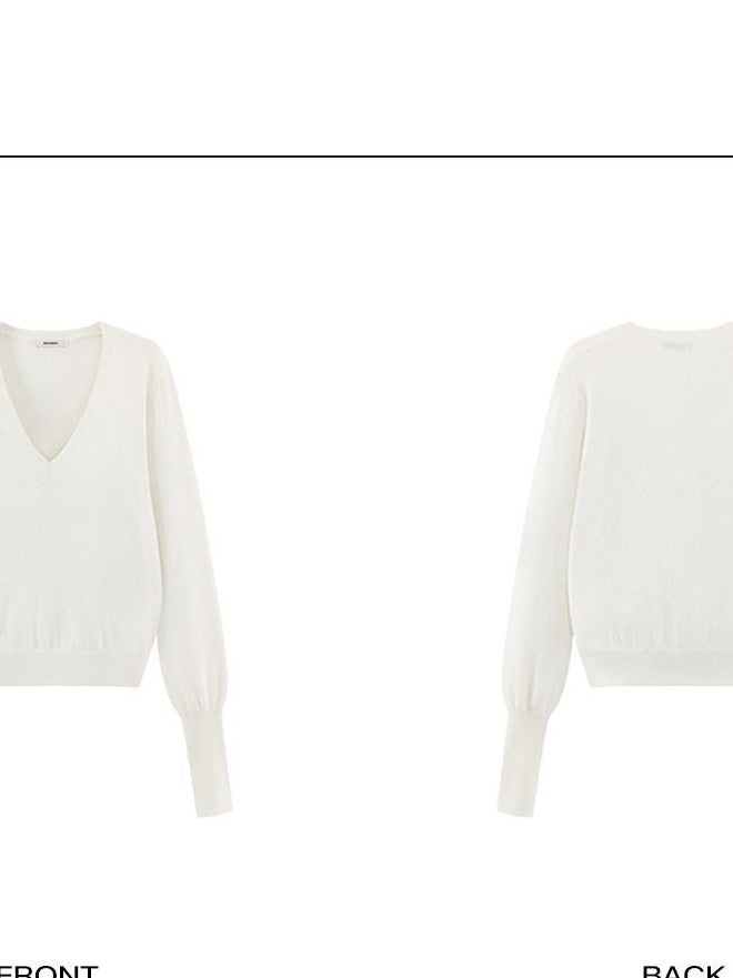rovente Mist White V-neck Loose Knit Pullover Women's Rabbit Cashmere Sweaters