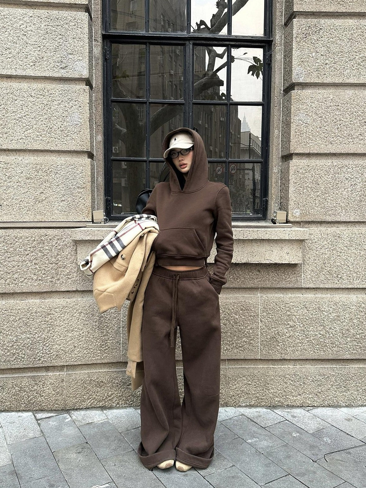 rovente Mocha Coffee Hooded Pullover Long Sleeve Women's Cotton Polyester Tracksuit Sets