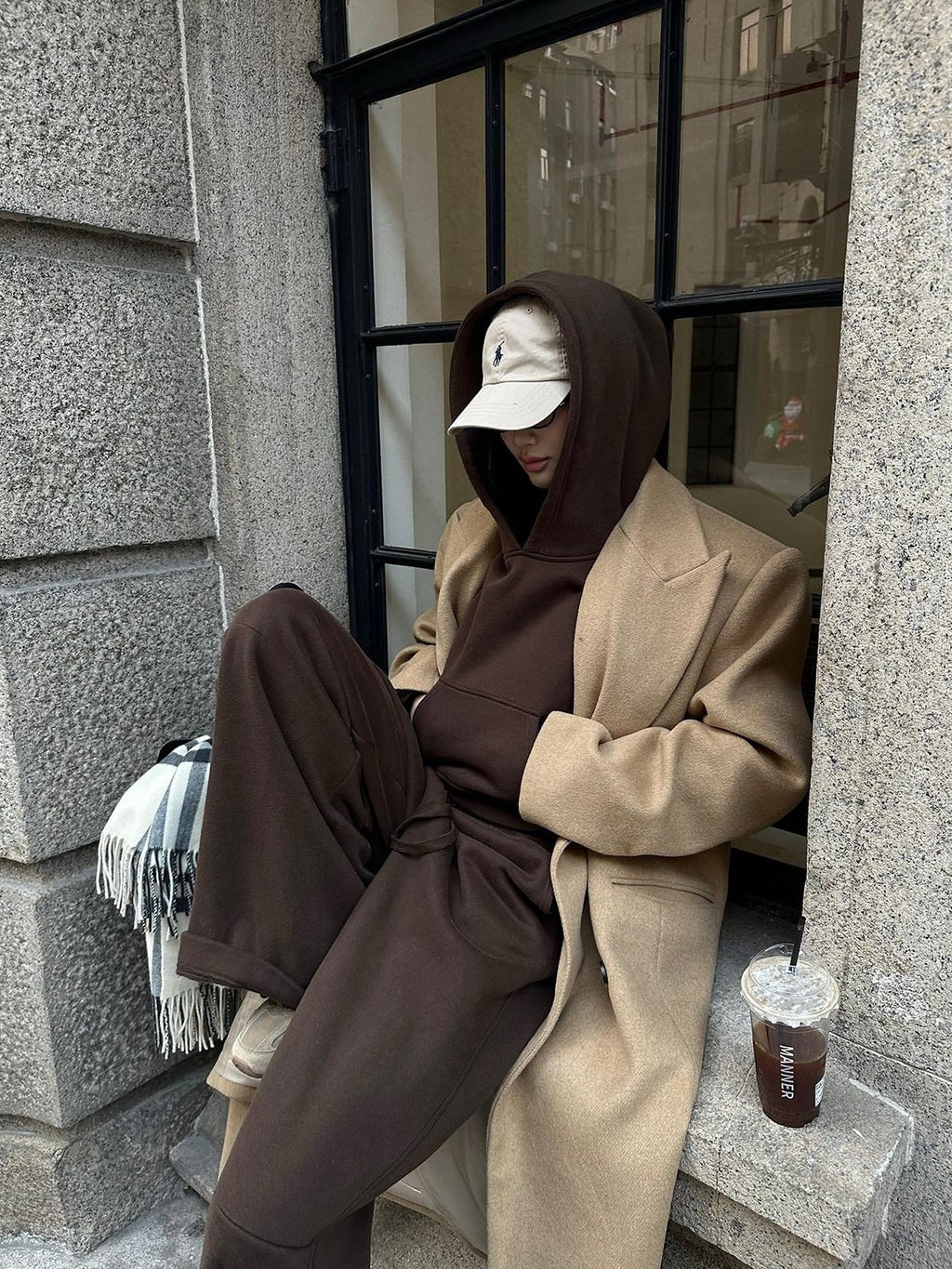 rovente Mocha Coffee Hooded Pullover Long Sleeve Women's Cotton Polyester Tracksuit Sets