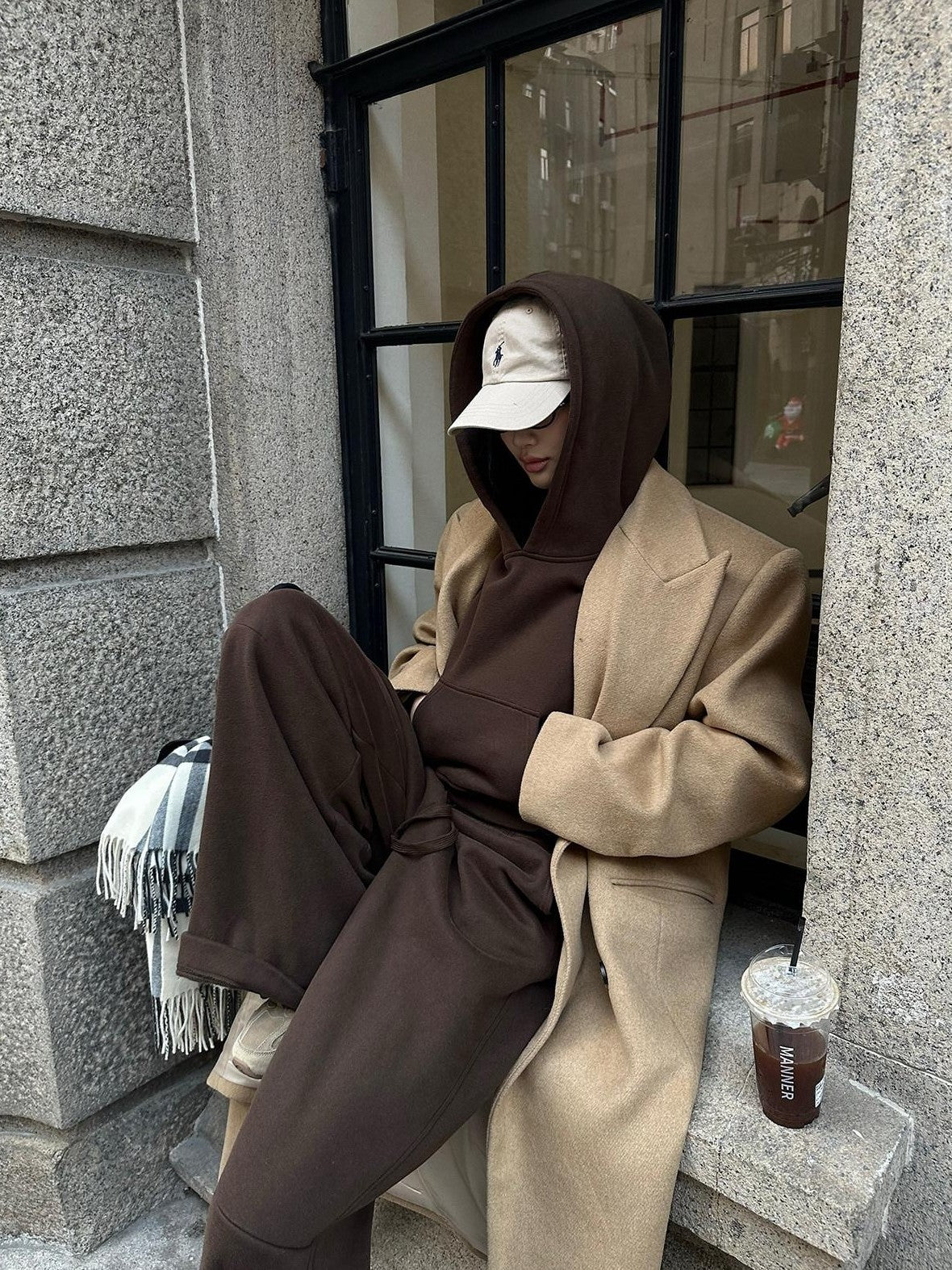 rovente Mocha Coffee Hooded Pullover Long Sleeve Women's Cotton Polyester Tracksuit Sets