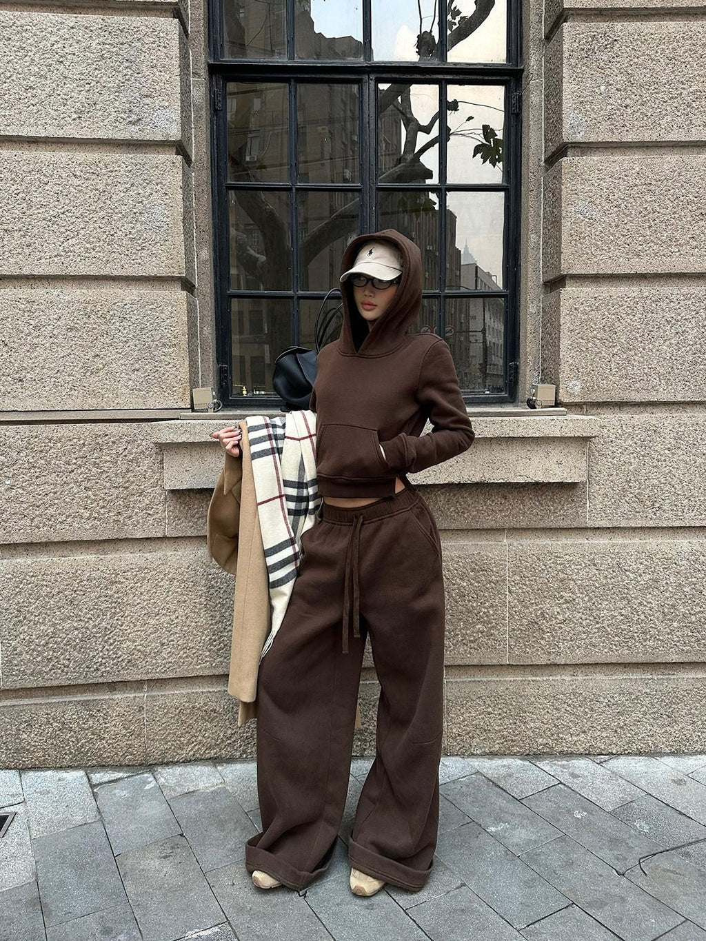 rovente Mocha Coffee Hooded Pullover Long Sleeve Women's Cotton Polyester Tracksuit Sets