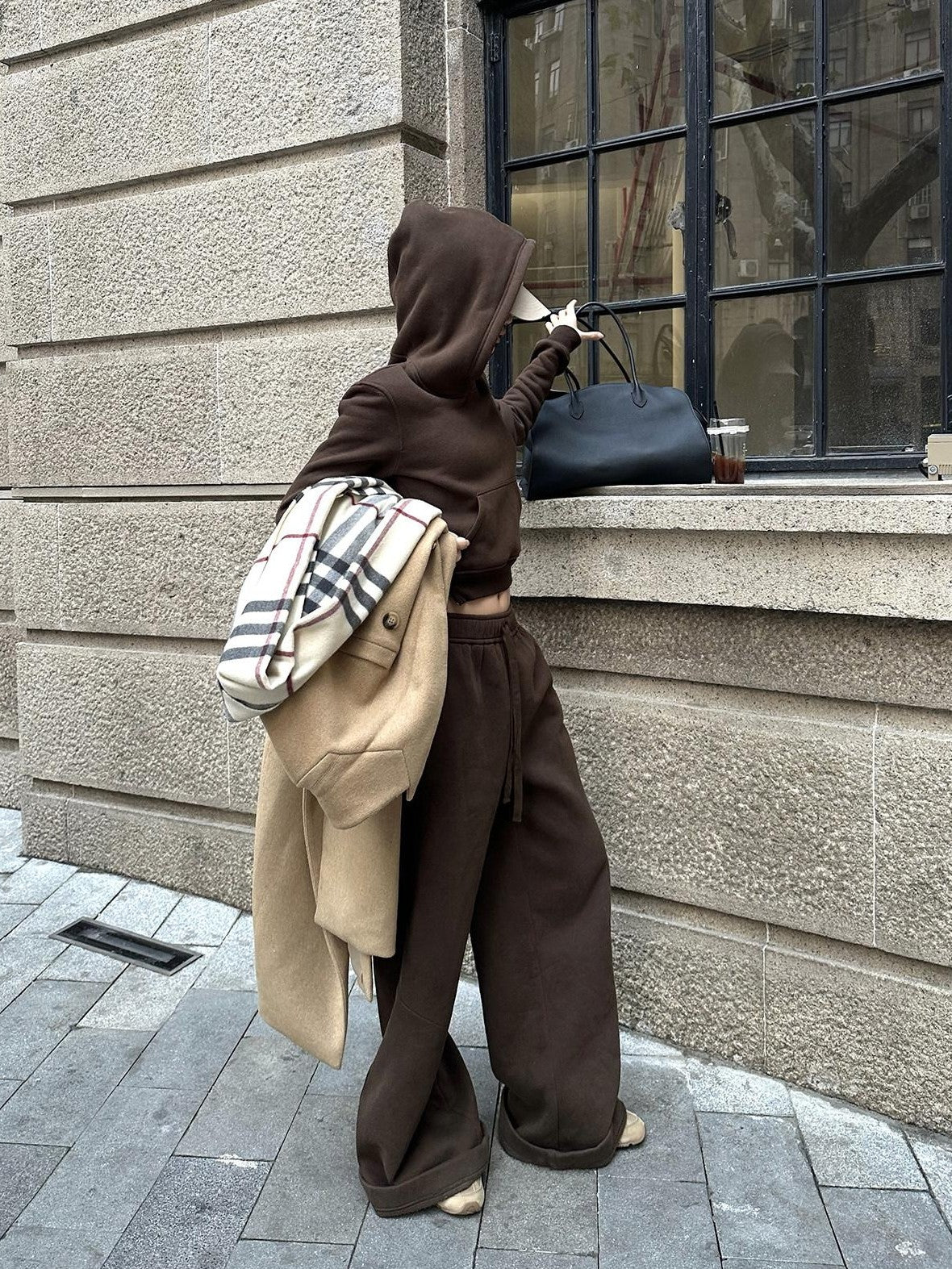 rovente Mocha Coffee Hooded Pullover Long Sleeve Women's Cotton Polyester Tracksuit Sets
