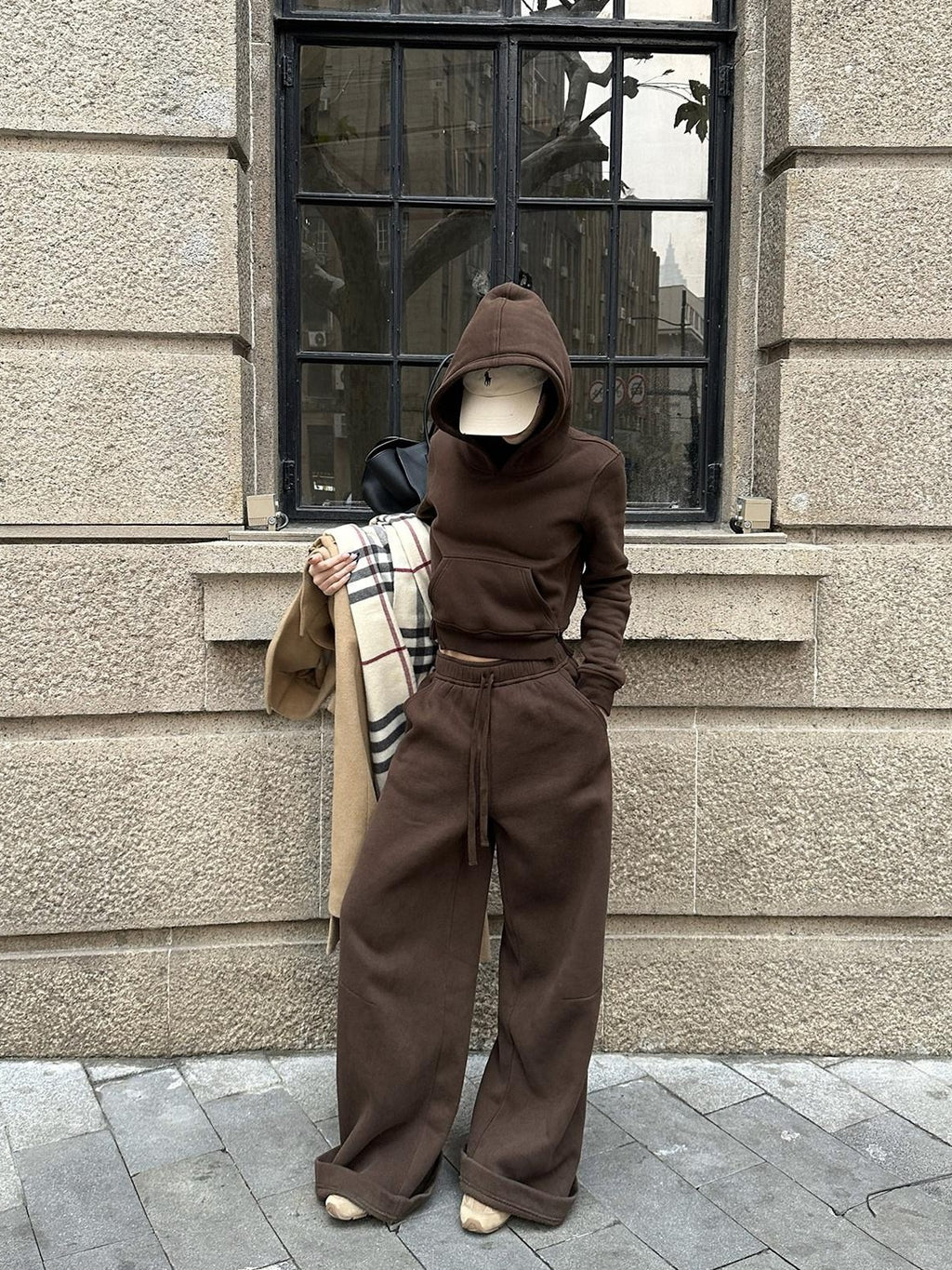 rovente Mocha Coffee Hooded Pullover Long Sleeve Women's Cotton Polyester Tracksuit Sets