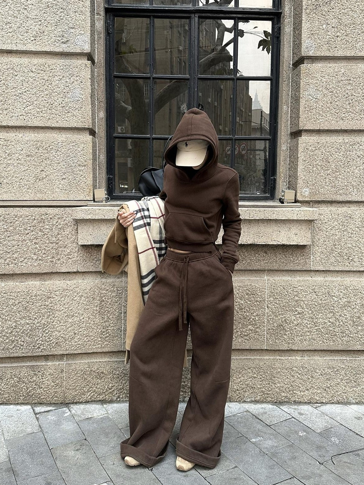 rovente Mocha Coffee Hooded Pullover Long Sleeve Women's Cotton Polyester Tracksuit Sets