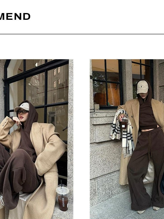 rovente Mocha Coffee Hooded Pullover Long Sleeve Women's Cotton Polyester Tracksuit Sets