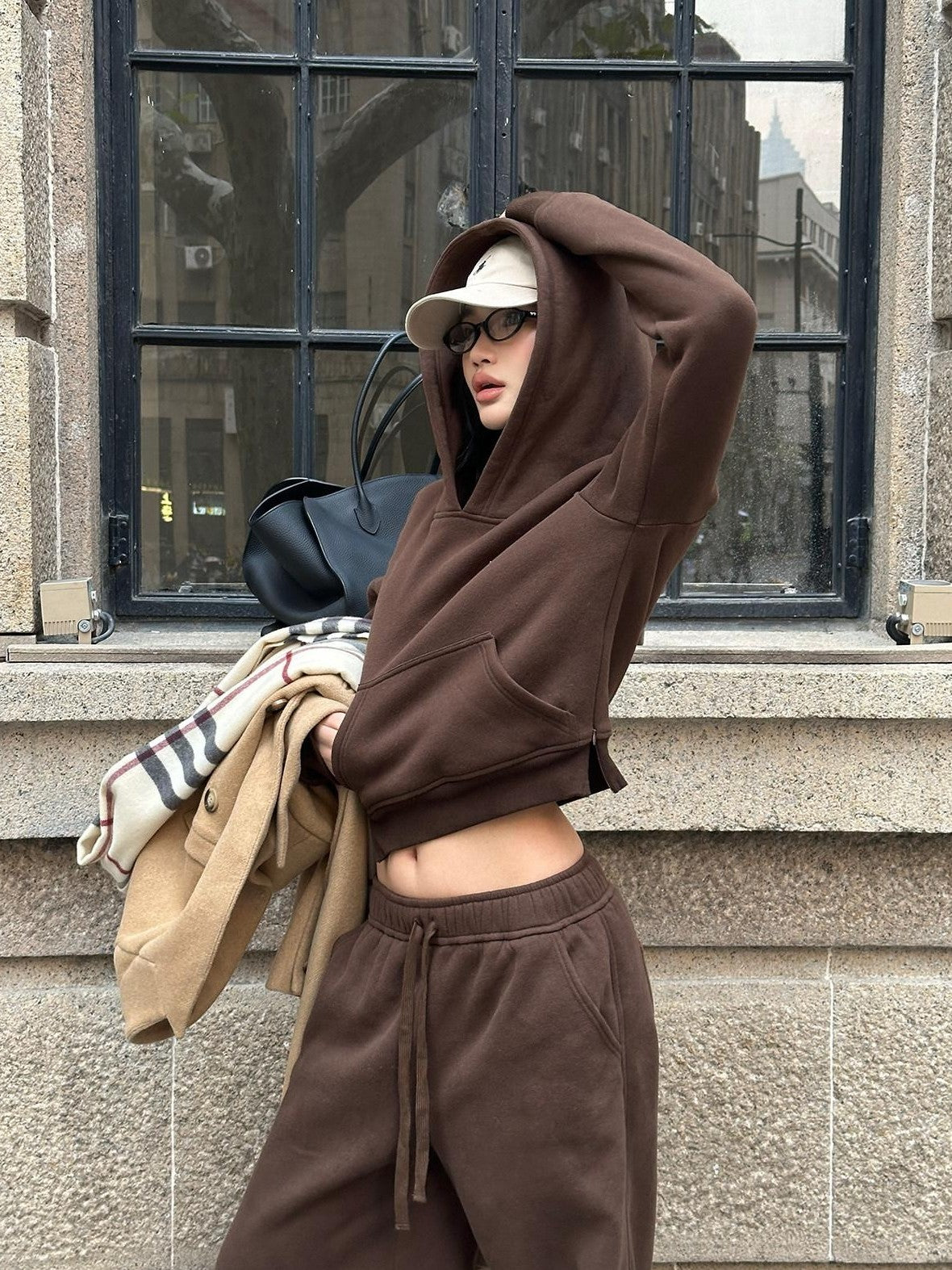 rovente Mocha Coffee Hooded Pullover Long Sleeve Women's Cotton Polyester Tracksuit Sets
