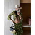 rovente_Monet_Print_Ruffle_Collar_Green_Short_Cardigan_Shirt_Women's_Matching_Skirt_Sets_1048511406499_MISSTT