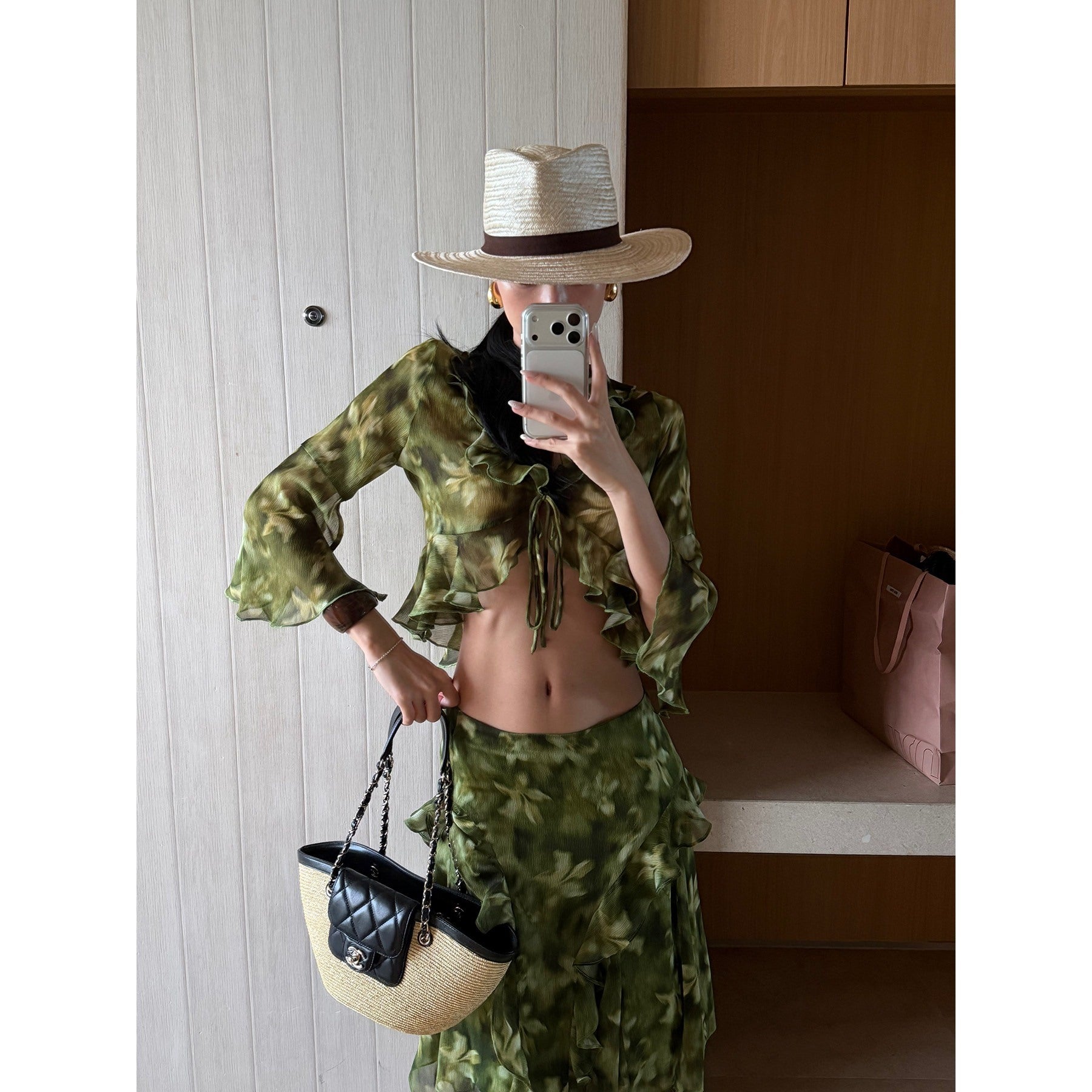 rovente_Monet_Print_Ruffle_Collar_Green_Short_Cardigan_Shirt_Women's_Matching_Skirt_Sets_1048511406499_MISSTT