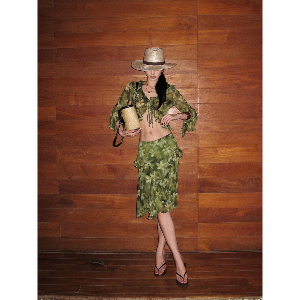 rovente_Monet_Print_Ruffle_Collar_Green_Short_Cardigan_Shirt_Women's_Matching_Skirt_Sets_1048511406499_MISSTT