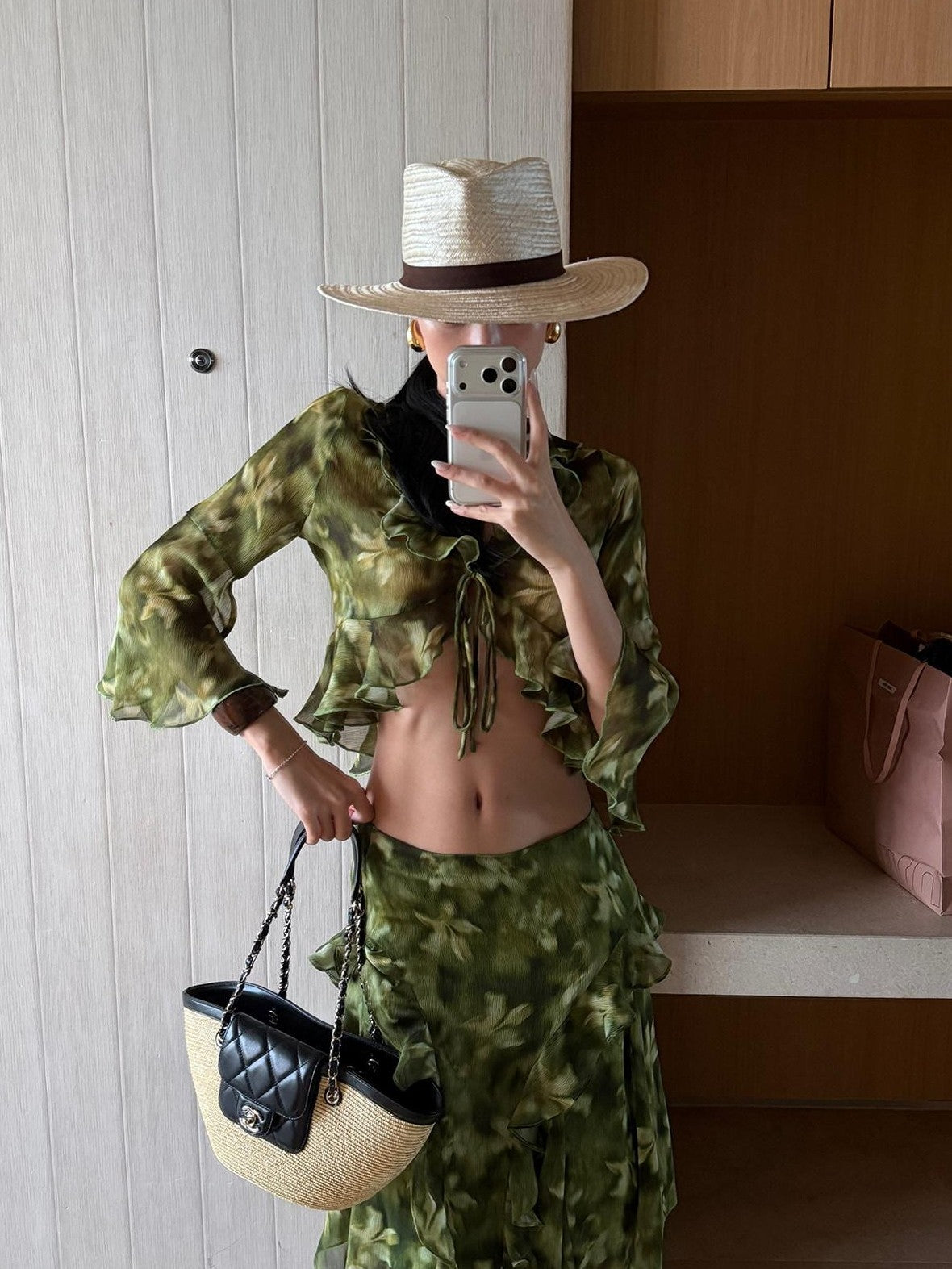 rovente Monet Print Ruffle Collar Green Short Cardigan Shirt Women's Matching Skirt Sets