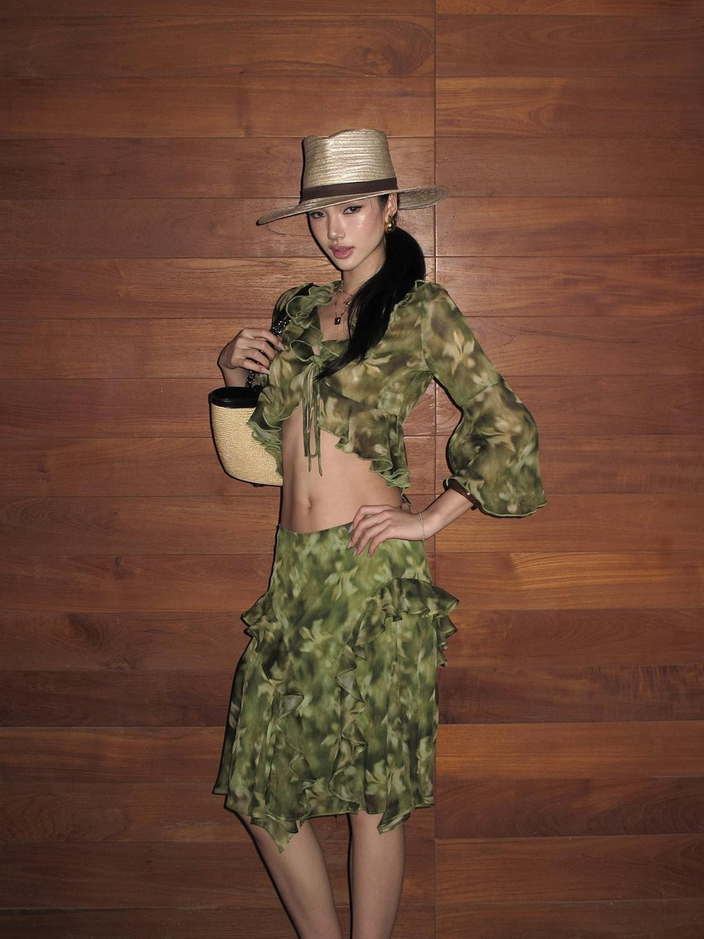 rovente Monet Print Ruffle Collar Green Short Cardigan Shirt Women's Matching Skirt Sets