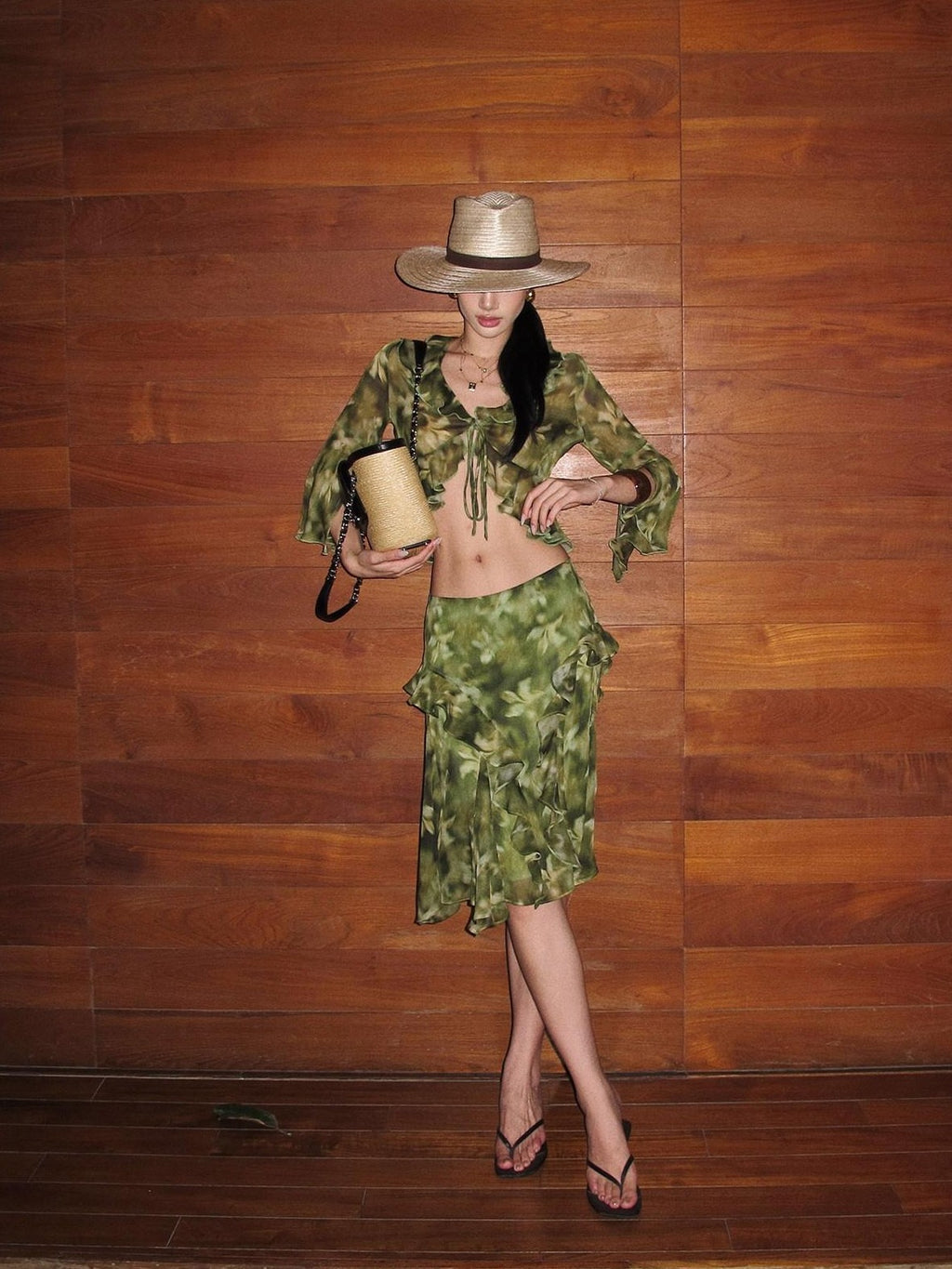 rovente Monet Print Ruffle Collar Green Short Cardigan Shirt Women's Matching Skirt Sets