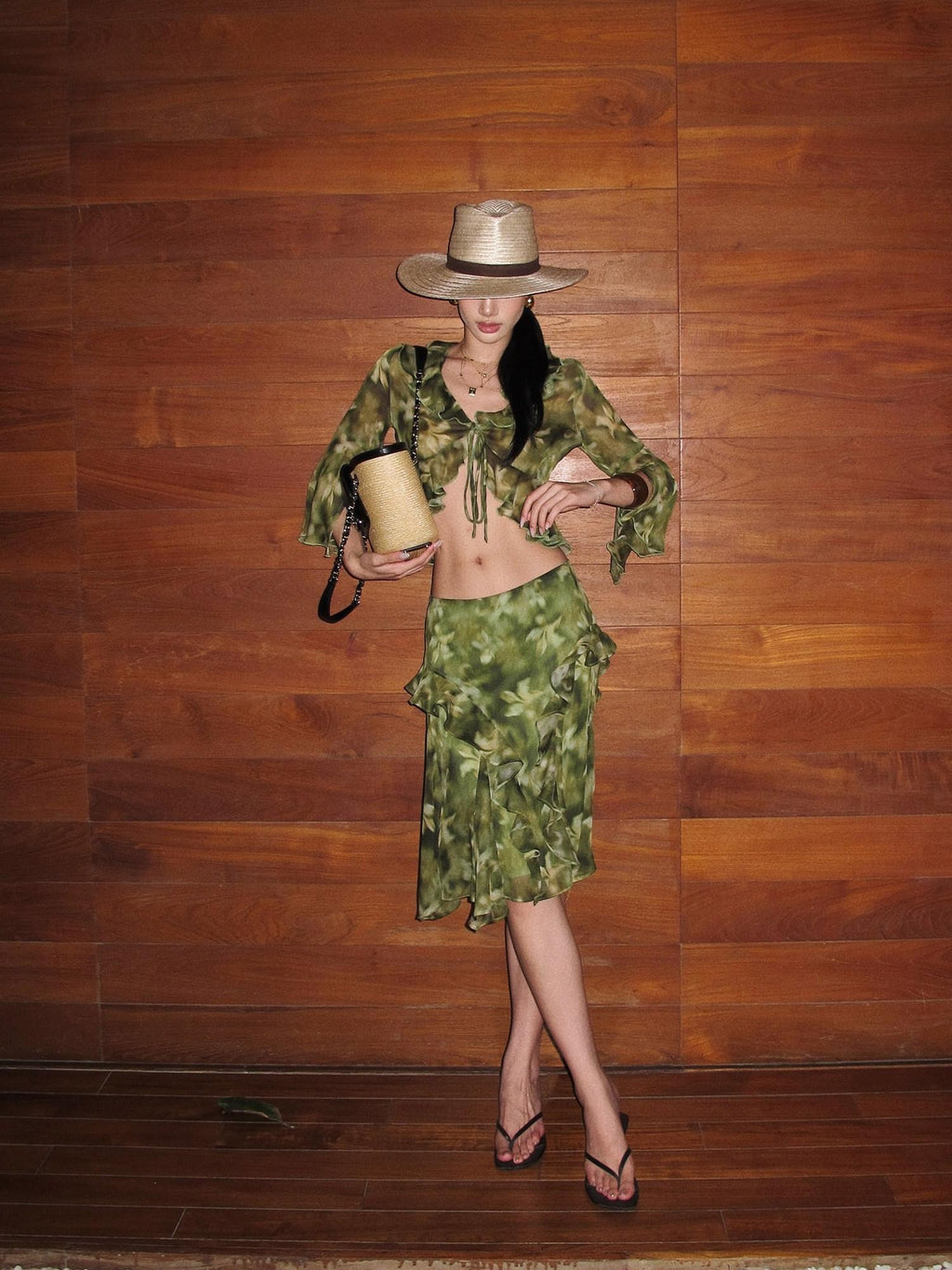 rovente Monet Print Ruffle Collar Green Short Cardigan Shirt Women's Matching Skirt Sets