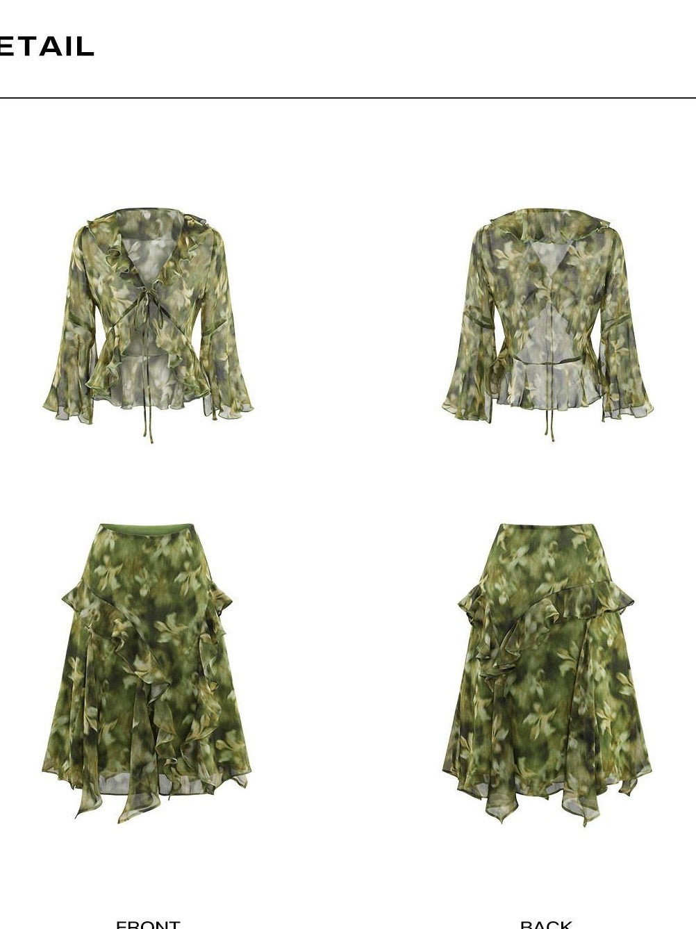 rovente Monet Print Ruffle Collar Green Short Cardigan Shirt Women's Matching Skirt Sets