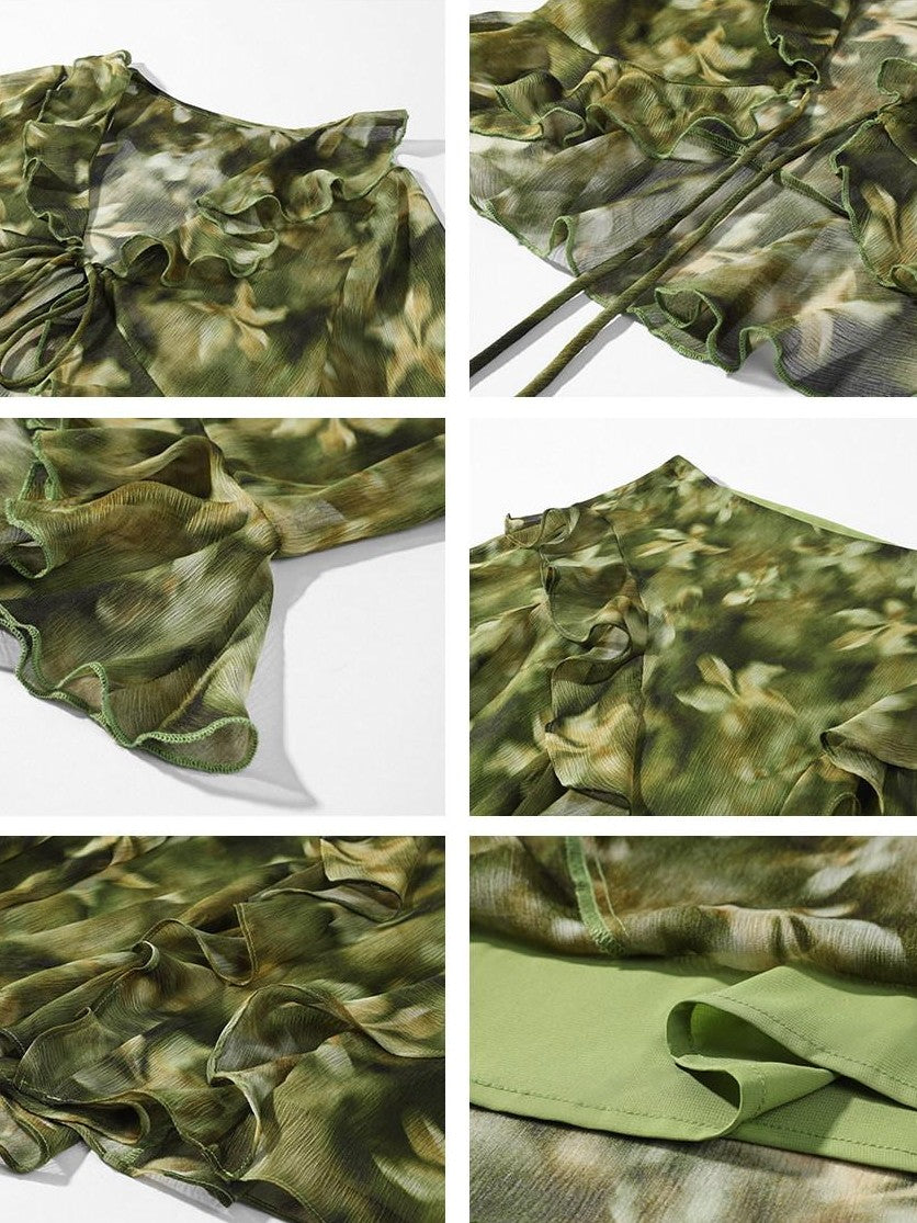 rovente Monet Print Ruffle Collar Green Short Cardigan Shirt Women's Matching Skirt Sets