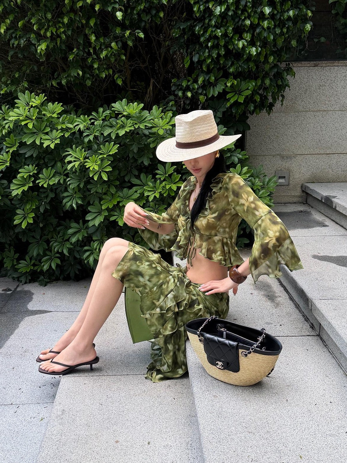 rovente Monet Print Ruffle Collar Green Short Cardigan Shirt Women's Matching Skirt Sets