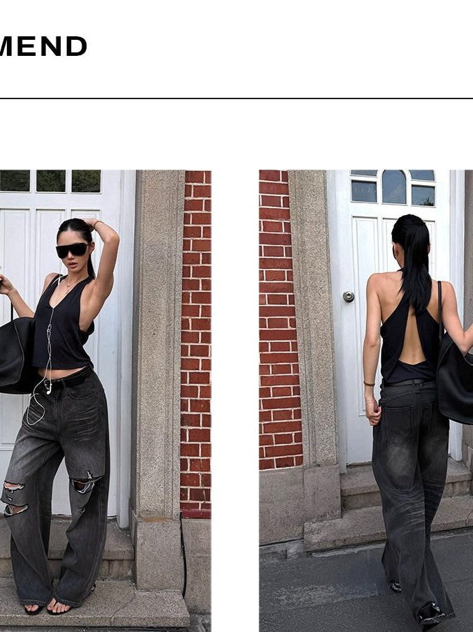 rovente Navy Halter V-neck Backless Cropped Strappy Women's Halter Tops