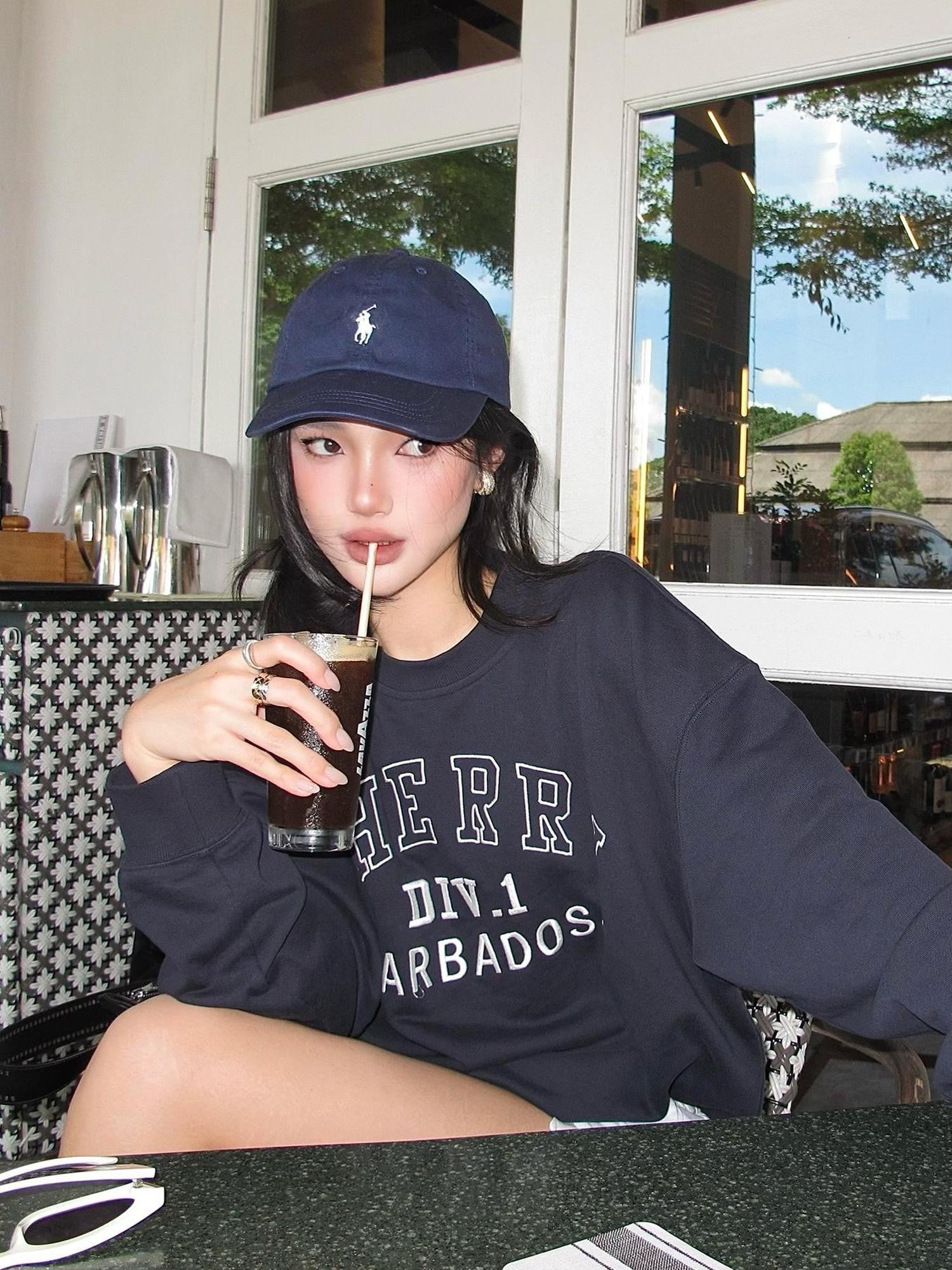 rovente Navy Letter Embroidered Vintage Loose Pullover Women's Cotton Sweatshirts