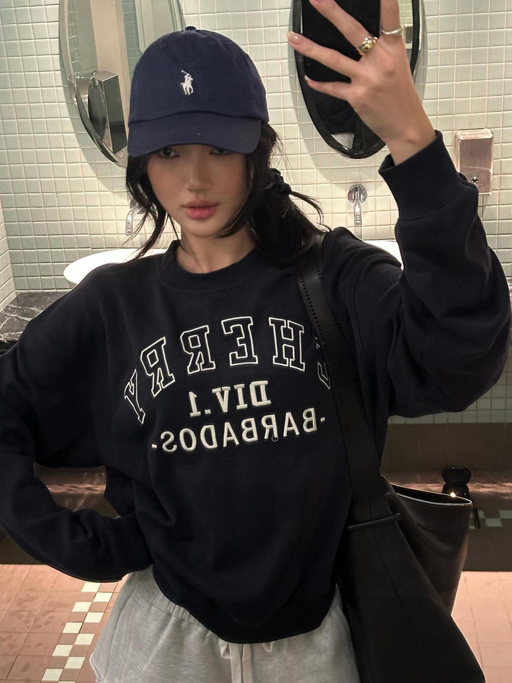 rovente Navy Letter Embroidered Vintage Loose Pullover Women's Cotton Sweatshirts