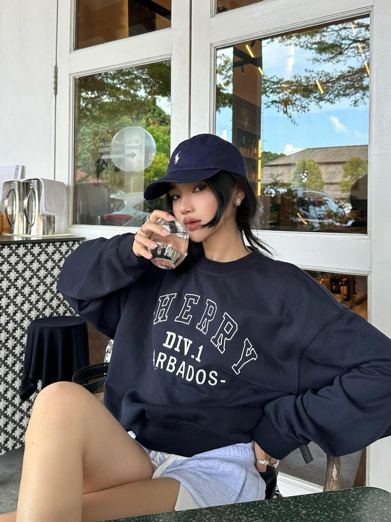 rovente Navy Letter Embroidered Vintage Loose Pullover Women's Cotton Sweatshirts