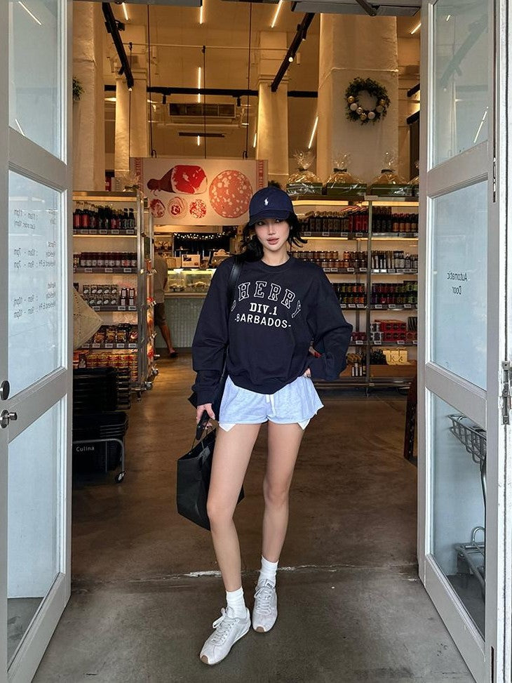 rovente Navy Letter Embroidered Vintage Loose Pullover Women's Cotton Sweatshirts
