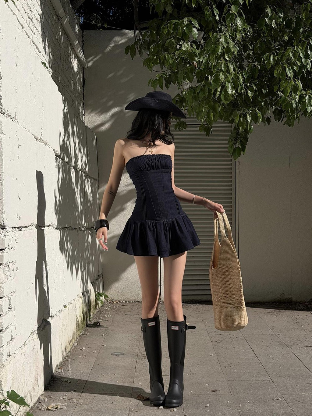 rovente Navy Pleated Strapless Cinched Waist Women's Denim Tube Mini Dresses