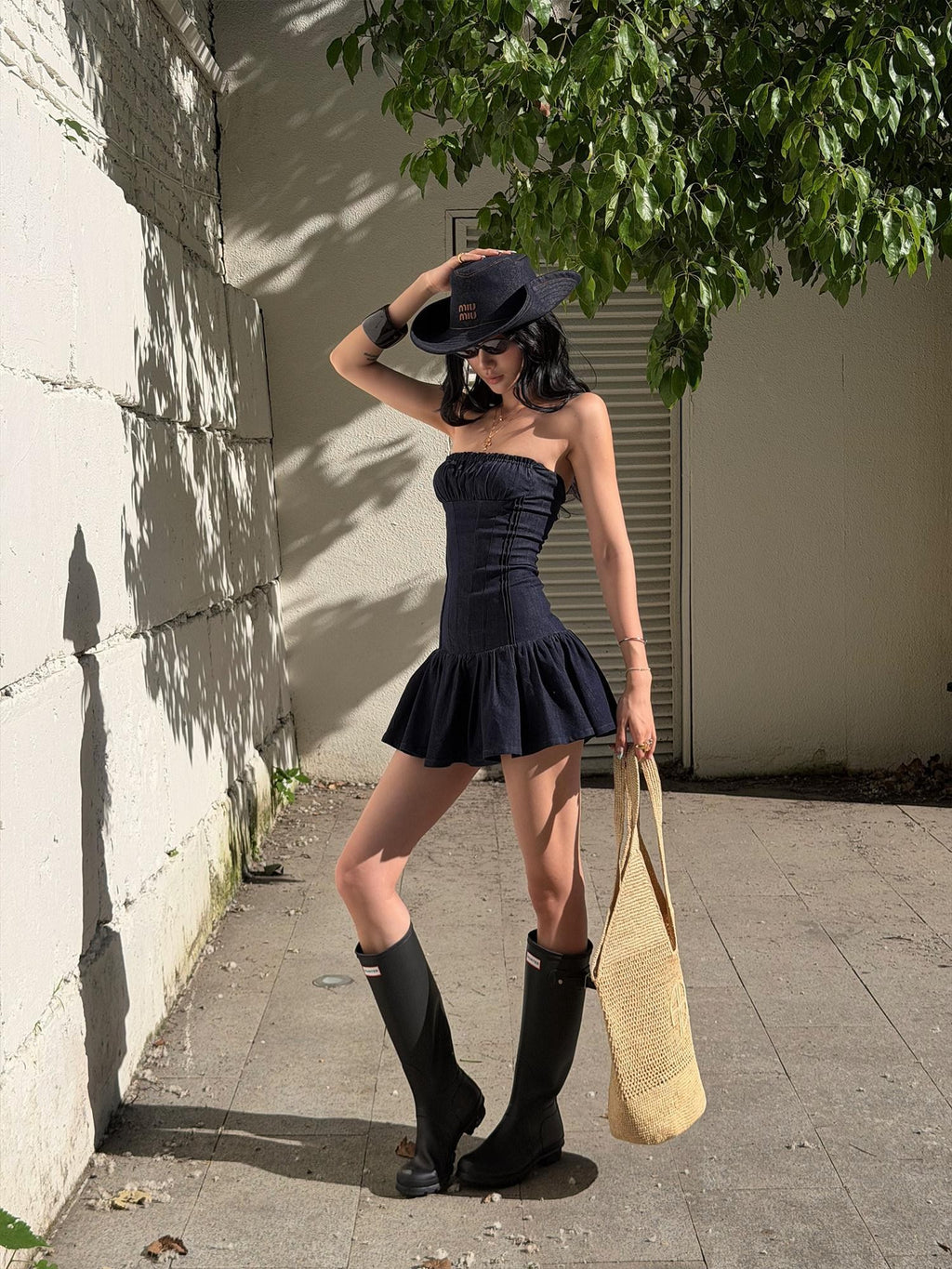 rovente Navy Pleated Strapless Cinched Waist Women's Denim Tube Mini Dresses