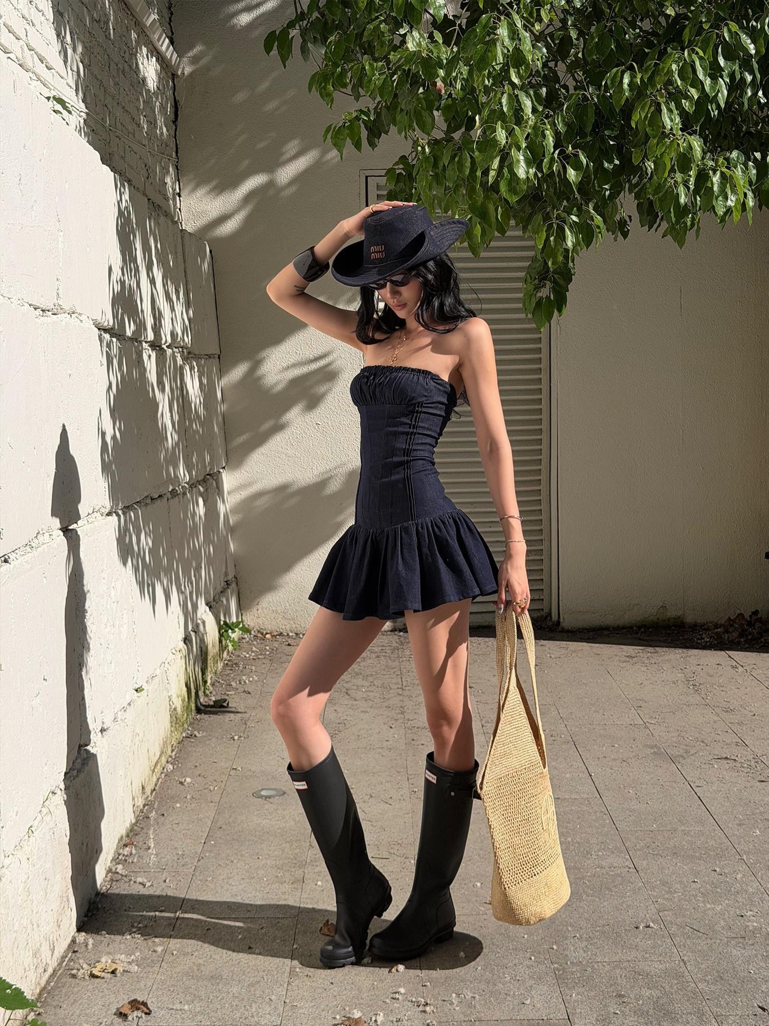 rovente Navy Pleated Strapless Cinched Waist Women's Denim Tube Mini Dresses