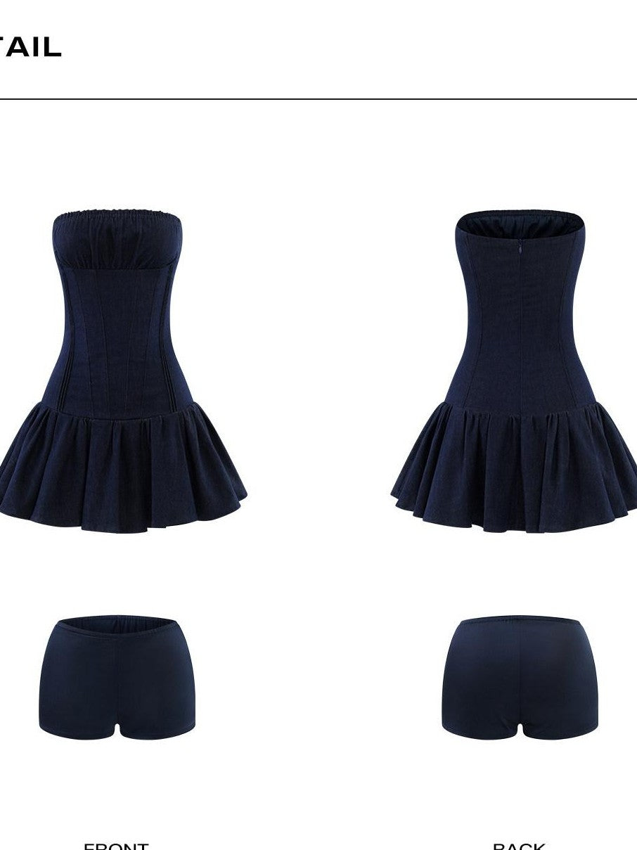 rovente Navy Pleated Strapless Cinched Waist Women's Denim Tube Mini Dresses