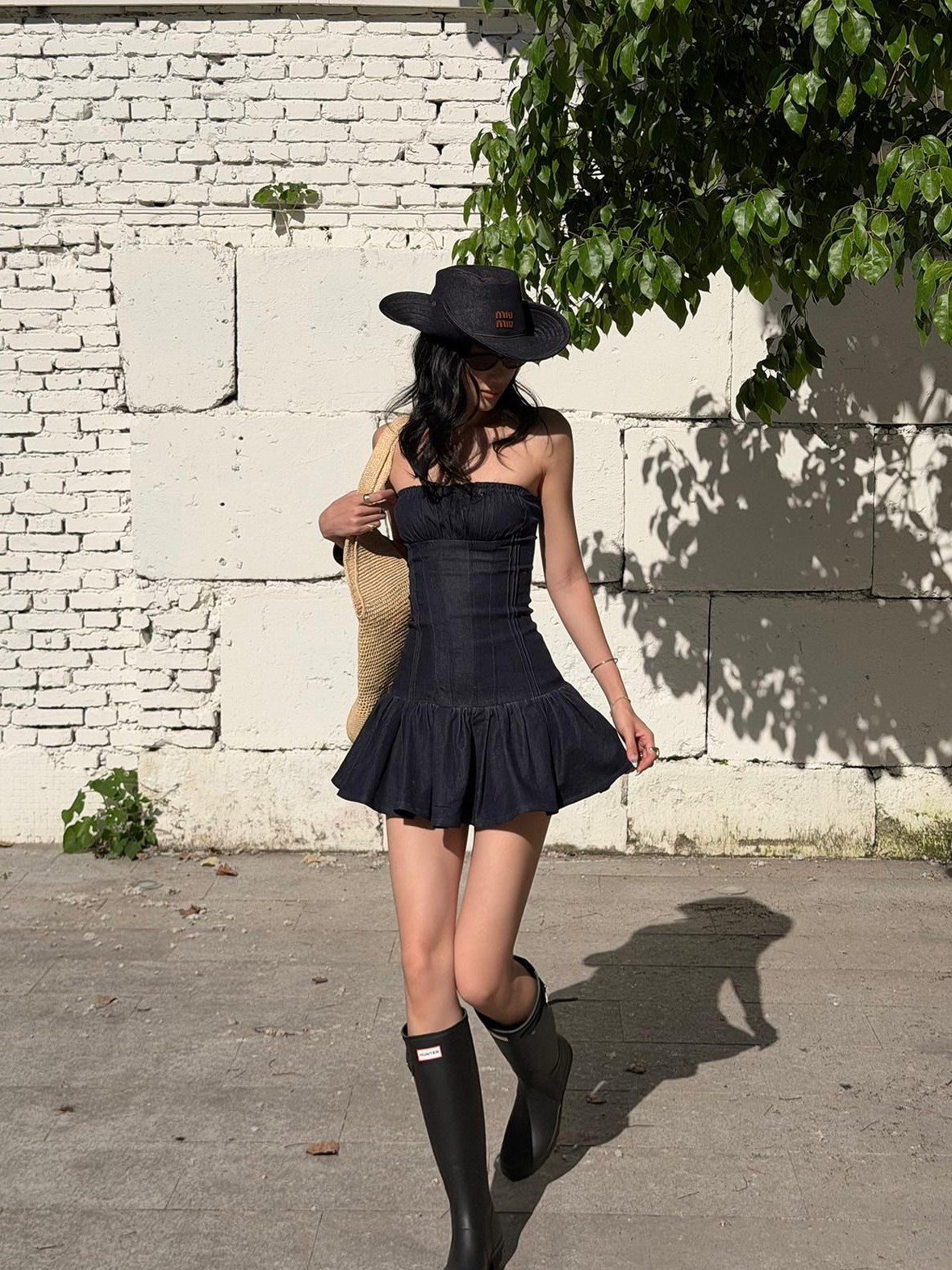 rovente Navy Pleated Strapless Cinched Waist Women's Denim Tube Mini Dresses
