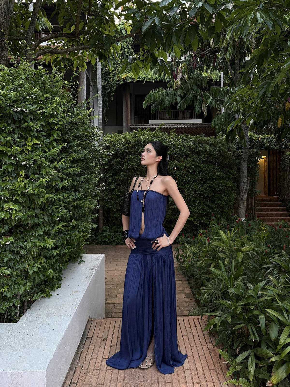 rovente Navy Slit Low Waist Women's Strapless Maxi Dresses